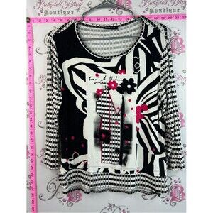 Frank Walder shirt unique Black & White Graphic Floral Top with Pink Accents
